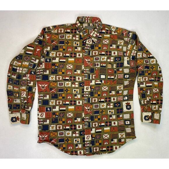 VINTAGE Calvin Klein All Over Flag Print Button Up Shirt Men XL Green 90s - Picture 1 of 6